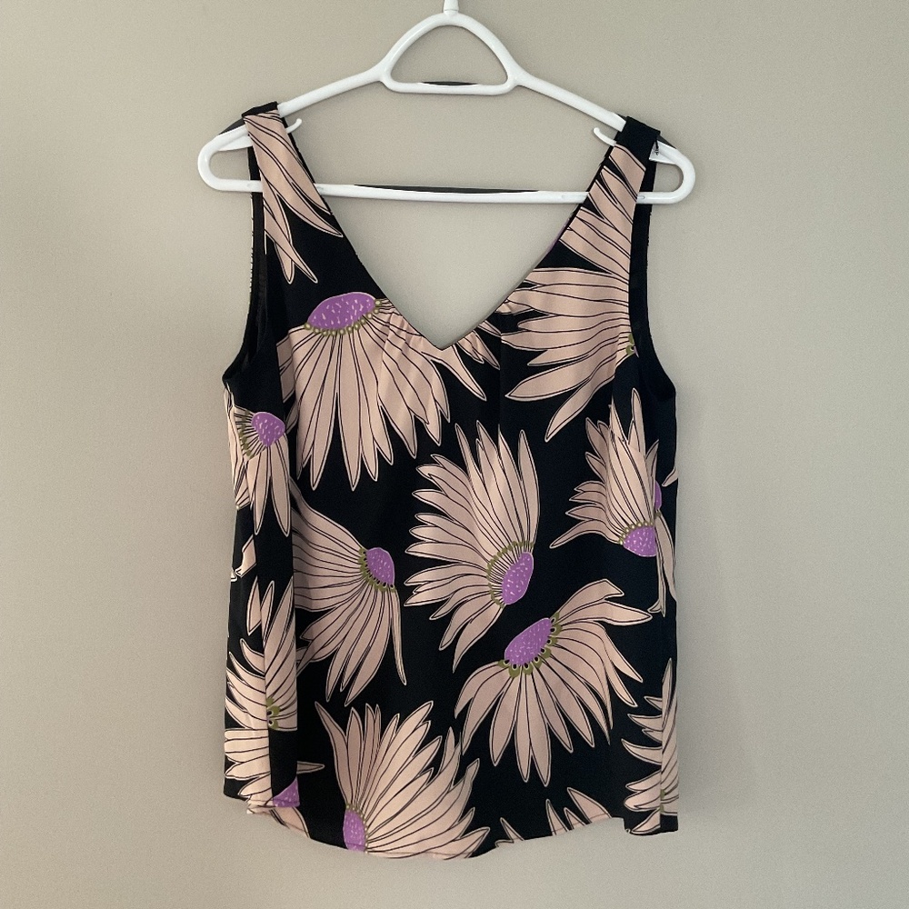 KATE Spade Falling Flower Top Sleeveless Black Cream Purple Floral Women's Med